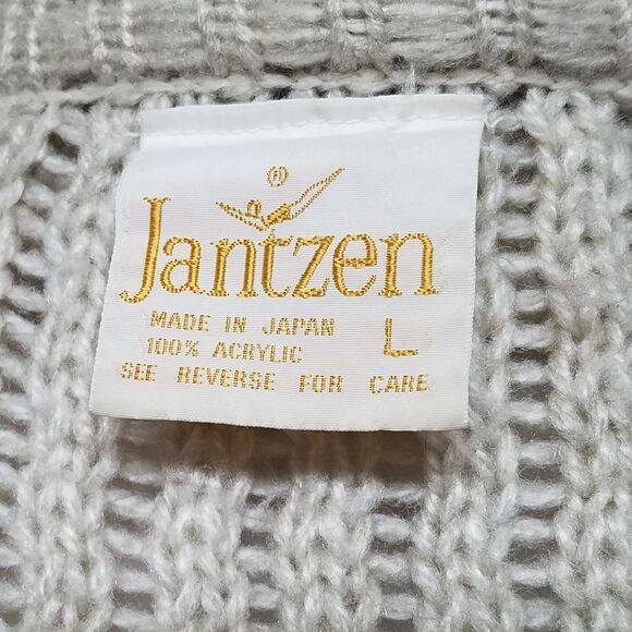 𝅺RARE Vintage 70s Jantzen Tan Chunky Knit Wide Collar Bow Bell Sleeve Cardigan - Picture 15 of 16